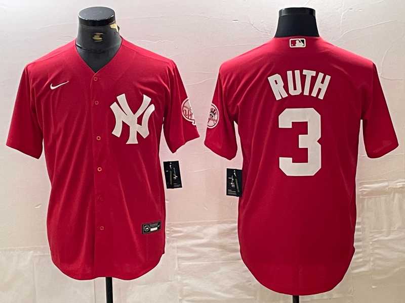 Men%27s New York Yankees #3 Babe Ruth Red Fashion Cool Base Jersey